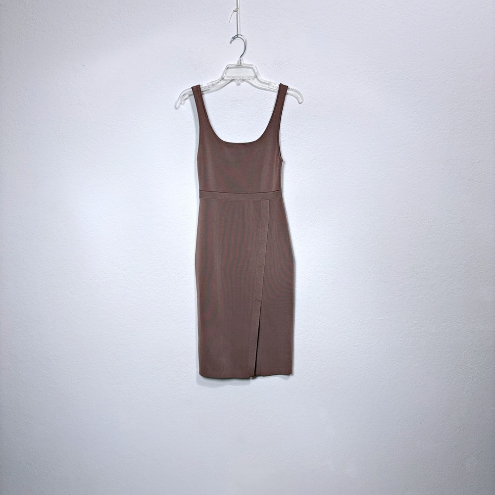 Babaton‎ Contour Square Neck Bodycon Slit Midi Dress Minimalist Brown Women S